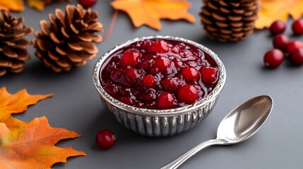 Wall Mural - Cranberry sauce in a crystal bowl with a silver spoon, surrounded by fall leaves and pinecones, festive ambiance 