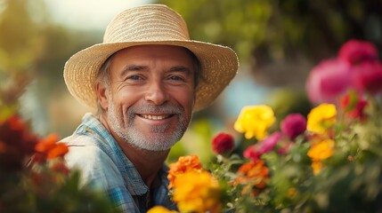 Wall Mural - A man wearing a straw hat is smiling in a garden. The flowers are colorful and the man is surrounded by them