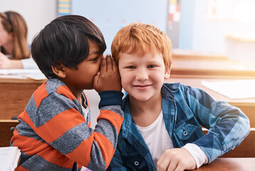 education, naughty and secret with boy students in classroom together for learning or study. gossip,