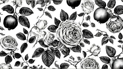 Vintage rose pattern black and white botanical and fruits illustration