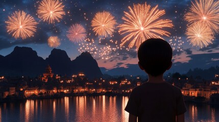 Poster - Diwali night scene with fireworks illuminating the sky over a city filled with twinkling lights and decorated homes 