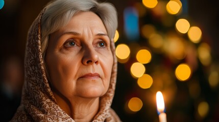 Sticker - Elderly woman praying during an Orthodox Christmas service, holding a lit candle, with colorful icons and gold ornaments behind 