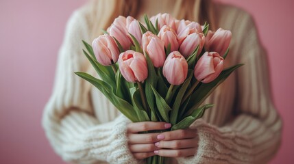 Wall Mural - A beautiful bouquet of pink tulips held by a person against a soft pink background