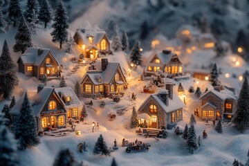 enchanting christmas village nestled in snowy mountains cozy cottages with warm glowing windows miniature figures and twinkling lights create a magical winter wonderland