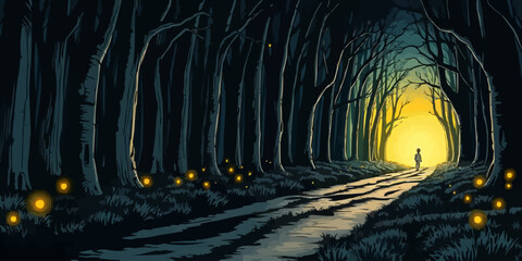 Alone Little boy goes on a trip in magic forest landscape digital art illustration.