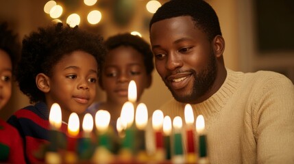 Poster - Family gathering at a Kwanzaa table, with a father lighting the candles while children watch in awe, festive decorations around 