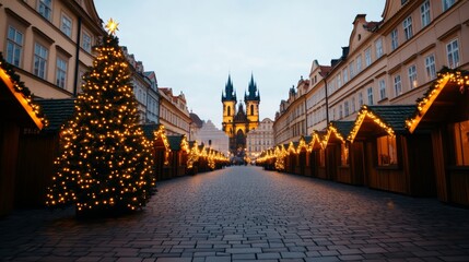 Wall Mural - Festive Christmas market at the foot of Prague's Old Town Square, surrounded by Gothic architecture and warm glowing lights 