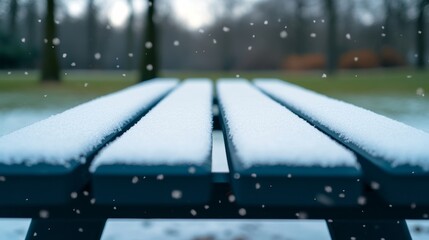 Canvas Print - Flakes of snow settling on an outdoor bench and table, light dusting accumulating, and winter chill visible 