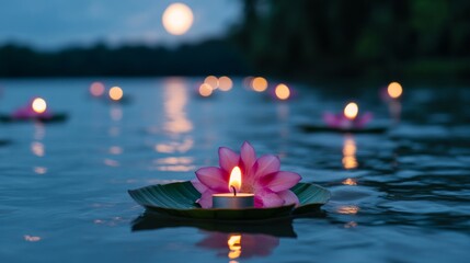 Canvas Print - Floating krathongs made from banana leaves, flowers, and candles gently drifting on a river under a full moon during Loy Krathong festival 