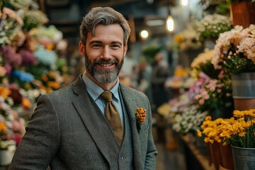 Wall Mural - A man wearing a suit and tie stands in front of a flower shop. He is smiling and he is happy