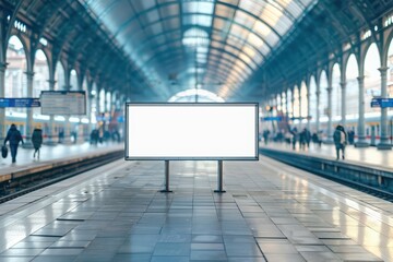 A blank advertisement board in a busy train station, showcasing an empty space for creative marketing opportunities.