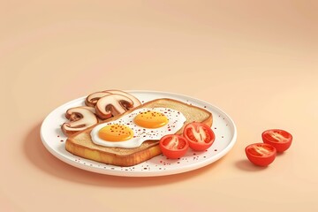 A delicious breakfast plate featuring toast, fried eggs, mushrooms, and cherry tomatoes on a soft background.