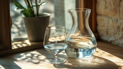 Canvas Print - Clear glassware with water resting on a wooden table beside a potted plant in daylight