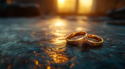 golden wedding rings on magical golden hour background with copy space for text placement