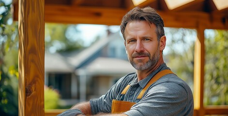 Wall Mural - A man in a grey shirt and orange apron is standing in front of a house. He is smiling and he is proud of his work