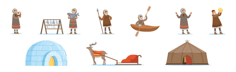 Wall Mural - Eskimo Characters in Traditional Clothing as Life in the Far North Vector Set