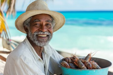 Wall Mural - A man with a big smile on his face is holding a bucket full of crabs. The scene takes place on a beach, with the ocean in the background. The man is happy and content