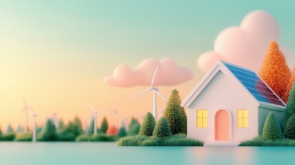 Canvas Print - Sustainable Home with Solar Panels and Wind Turbines.