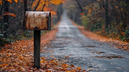 Wall Mural - Show a lone, old-fashioned mailbox standing by an empty, leaf-covered road, evoking a sense of isolation and the quiet beauty of autumn.