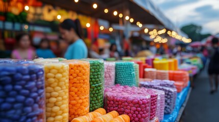 Poster - Market stalls during Loy Krathong selling colorful materials for making krathongs, bustling with locals and tourists 