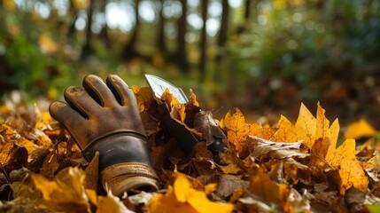 Wall Mural - Show a pair of gardening gloves and a trowel resting on a pile of autumn leaves, with the tranquil forest setting enhancing the autumn gardening theme.