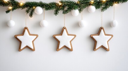 Wall Mural - Minimalist Christmas garland with white cotton balls and small wooden stars hanging on a white wall with fairy lights 