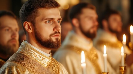 Orthodox Christmas midnight service with priests in white and gold robes, the congregation holding candles, soft warm light 