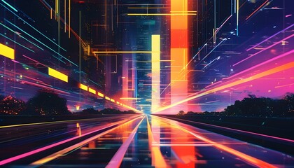 Wall Mural - Vibrant Cyberpunk Road with Abstract 80s Light and Colorful Digital Technology Elements