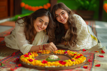 Wall Mural - Traditionally dressed Indian ethnic women making colourful arrangement with flowers at home