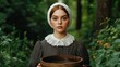 © fotogurme - Pilgrim woman carrying water from a stream in a wooden bucket, wearing a bonnet and simple dress, surrounded by wild foliage