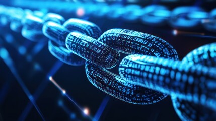 Blue digital chain link in a futuristic data network