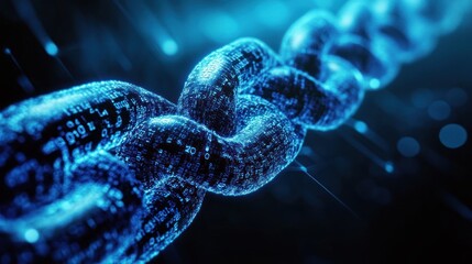A glistening digital chain with coding patterns on links