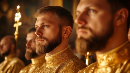 Poster - Priests in golden vestments celebrating the Divine Liturgy during an Orthodox Christmas service, incense and candles filling the space 