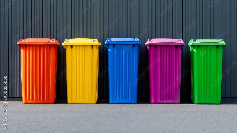 Rows of large, colorful recycling bins for metal, glass, and plastic ...
