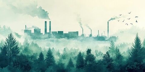 a misty landscape featuring industrial factories surrounded by dense forests, highlighting the contr