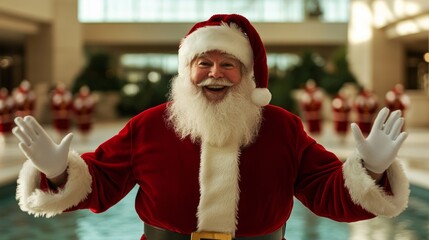 Canvas Print - Santa Claus dancing with a group of carolers near a decorative fountain inside a festive shopping mall 