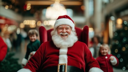 Poster - Santa Claus laughing joyfully while sitting on a red throne in a bustling shopping center with children queuing for photos 