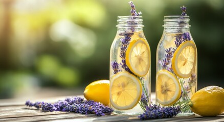 Canvas Print - Refreshing lemon and lavender drink in glass jars with a rustic wooden table backdrop