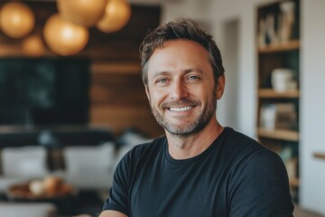 Wall Mural - A man with a big smile is posing for a picture in a living room. The room is furnished with a couch, a chair, and a dining table. There are also a few books scattered around the room