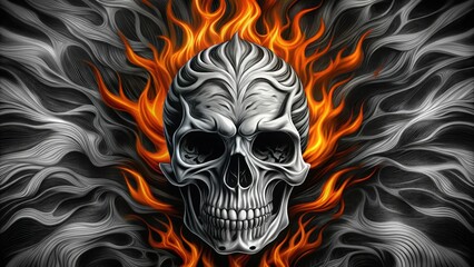 Canvas Print - A Detailed Skull Surrounded by Fiery Orange Flames Against a Gray Swirling Background