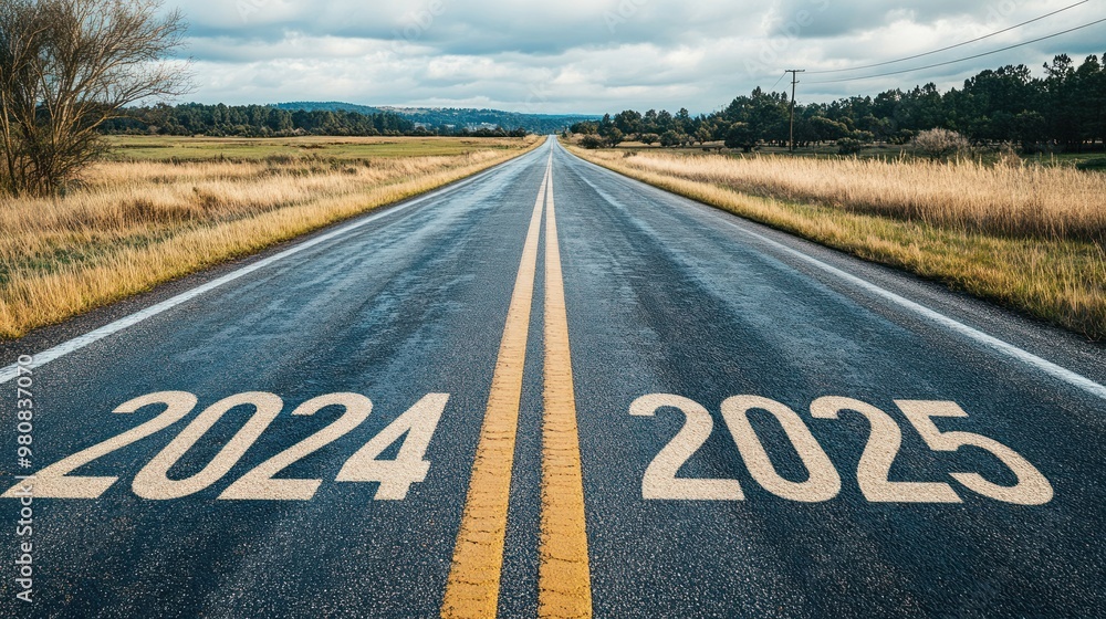 Long road to 2025 parallel to 2024 on an open highway Stock Photo ...