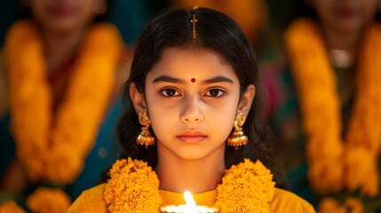 Canvas Print - Sister lighting a diya in front of her brother during the Bhai Dooj ritual, both surrounded by marigold garlands and festive decor 