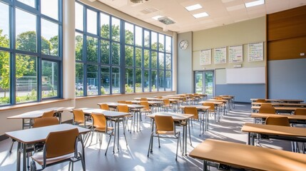 Wall Mural - Empty Classroom with Large Windows and Natural Light