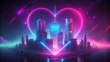 Wall Mural - Futuristic Cityscape with Neon Heart and Shooting Stars