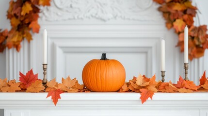 Sticker - Thanksgiving mantelpiece with a large pumpkin in the center, flanked by candlesticks and garlands of dried leaves 