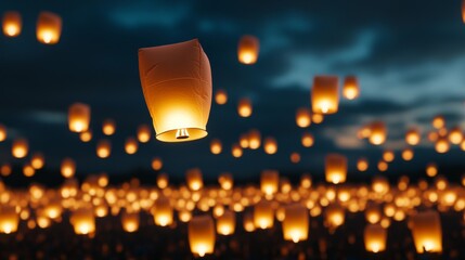 Poster - Thousands of lanterns floating into the night sky during Yi Peng festival, with a large crowd gathered below, soft golden glow illuminating faces 