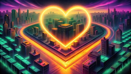 Wall Mural - A Neon Heart Over a Cityscape at Sunset