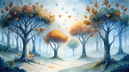 Wall Mural - Enchanting Watercolor Depiction of a Mystical Forest with Heart-Shaped Leaves and Falling Hearts