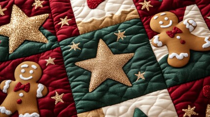 Sticker - Vibrant patchwork fabric of mixed Christmas designs including ornaments, stars, and gingerbread men, in red, gold, and green 