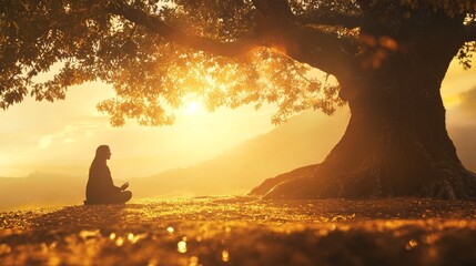 Wall Mural - A woman praying under a tree in seiza position,light